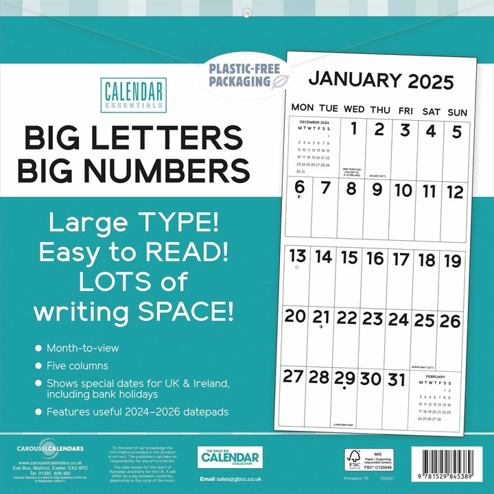 Big Letters, Big Numbers Calendar 2025