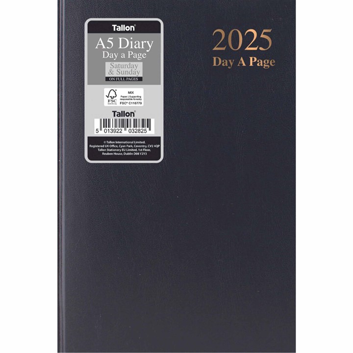 Black Hardback Day To View A5 Diary With Full Weekend 2025