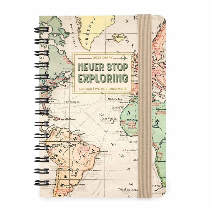 Never Stop Exploring, Map Week-To-View A6 Diary 2025