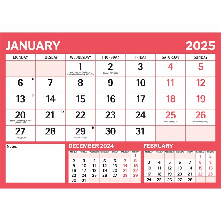 Red & Black Basic A4 Large Print Calendar 2025