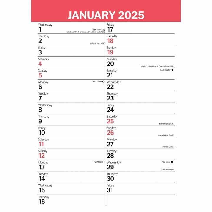 Red & Black Basic A3 Calendar 2025