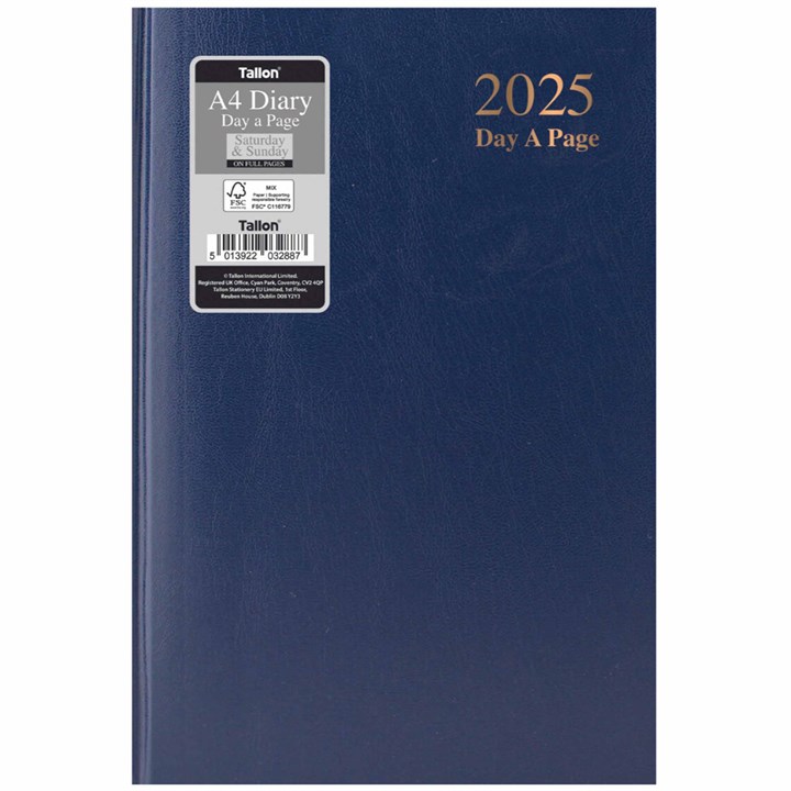 Dark Blue Hardback Day To View A4 Diary With Full Weekend 2025