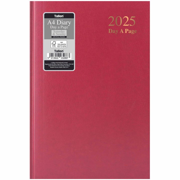 Dark Red Hardback Day To View A4 Diary With Full Weekend 2025